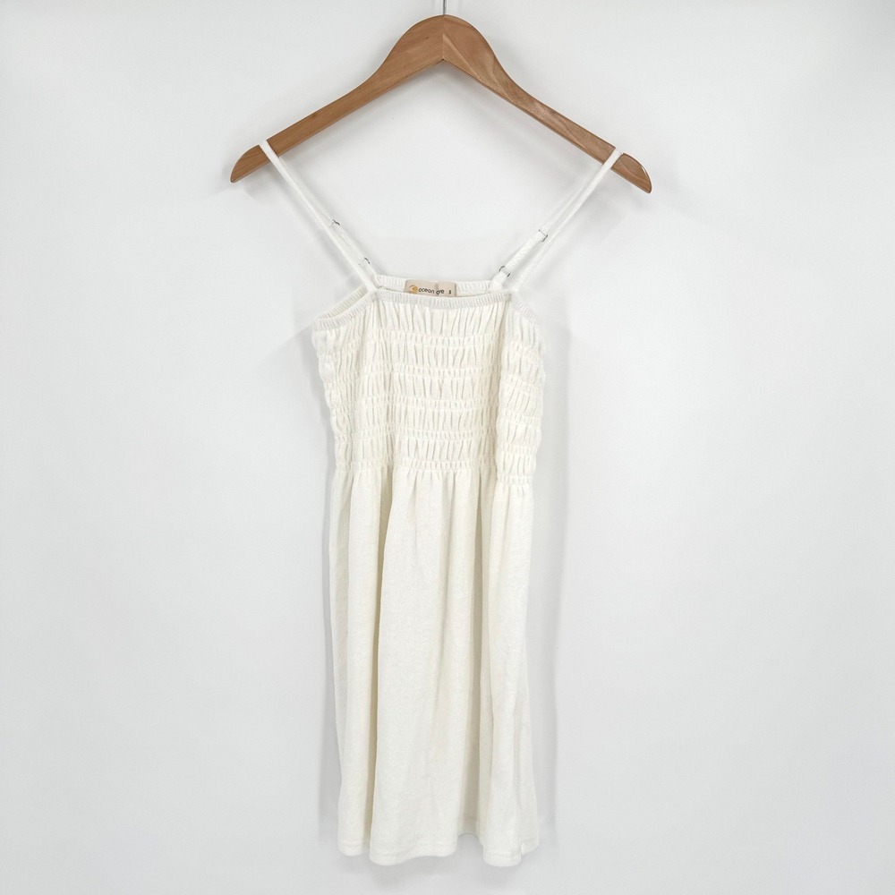 Ocean Drive White Terry Cloth Smocked Mini Dress Womens Small Beach Coverup